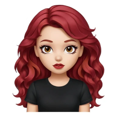 a pretty fair bratz girl with wavy dark red hair, wearing a black tee. eyeliner on sticker