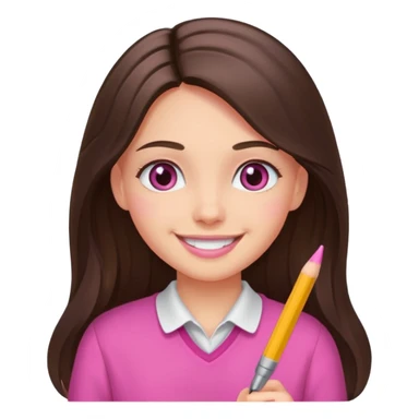 smiling long brunette hair girl with hazel eyes wearing pink writing sticker