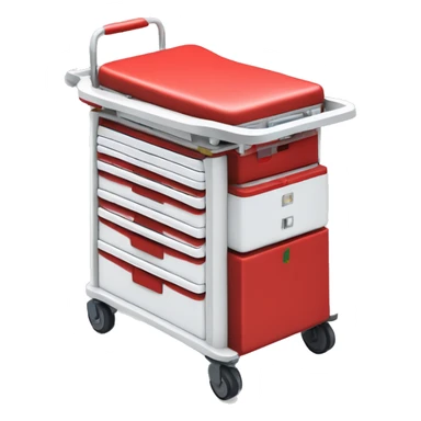 Singular Red medical crash cart is a mobile, multi-drawer unit designed to store and organize emergency medical supplies and equipment and a cardiac defibrillator on top sticker