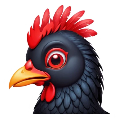 Cinematic Cute Black Chicken Portrait Emoji, Head tilted playfully and inquisitively, featuring sleek, lustrous black feathers and a vibrant red comb, round, sparkling beady eyes filled with curiosity, Simplified yet irresistibly adorable features, highly detailed, glowing with a warm, friendly glow, high shine, affectionate and lively, stylized with a touch of whimsical charm, bright and endearing, soft glowing outline, capturing the essence of a mischievous yet loving chicken, so playful it feels like it could peck out of the screen and into your arms! sticker