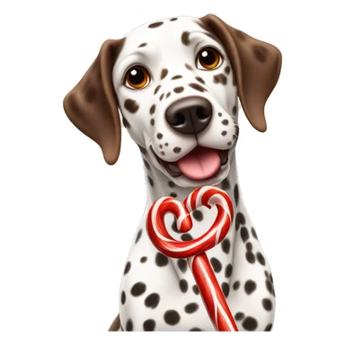 A brown Dalmatian holds a caramel Christmas candy cane in his mouth sticker