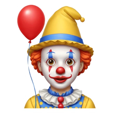 A clown who has a yellow hat, yellow clothes, blue neck ruffle, and a red balloon as his lips; sticker