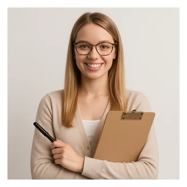 profesora joven, pelo liso rubio, piel clara, fondo blanco sticker