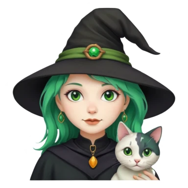 Witch with cat companion, green haired sticker