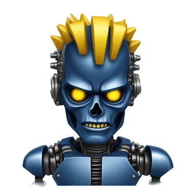 Terminator robot head with dark blue metallic skin and yellow Mohawk  sticker