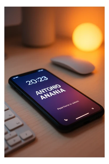 A photo of an iPhone on the desk with the message "Antonio Anania" on its screen, The phone sits atop a desk with a blurred background that suggests work environment. A faint glow from above casts gentle shadows across the surface of each object, creating depth and highlighting their textures sticker