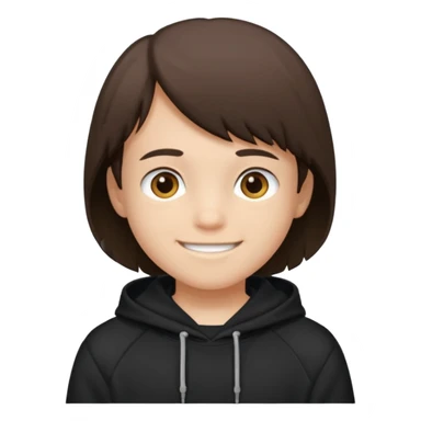 A brunette boy, short straight hair, light brown eyes, with a black sweatshirt with a hoodie, and smile  sticker