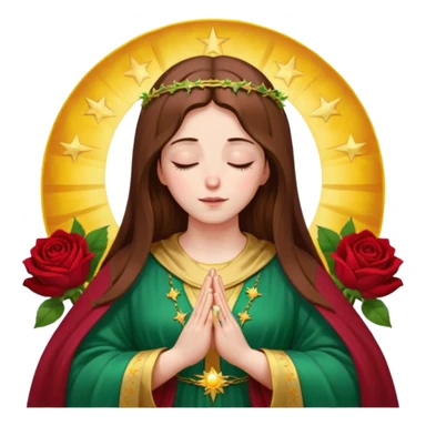 Virgin Mary with a kind face looking down to the left, long brown hair, wearing an emerald green robe with gold stars, burgundy red dress, hands in prayer, halo around her head, standing in front of a big sun, colorful roses on the sides sticker