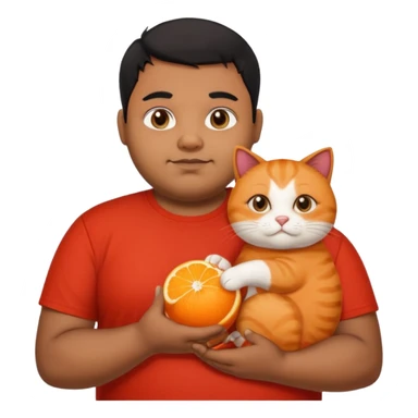 Indian black chubby guy with black hair in red t-shit with orange cat sticker