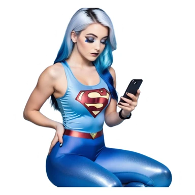 big tears-looking up-exting on phone-very very very large upper body-sexy face-bending forward at waist-very long very straight dark blue to light blue ombre hair-and-blue eyes-thick black eyeliner-thick long eyelashes-iridescent blue lowcut tanktop with black leggings with glitter superman logo sticker