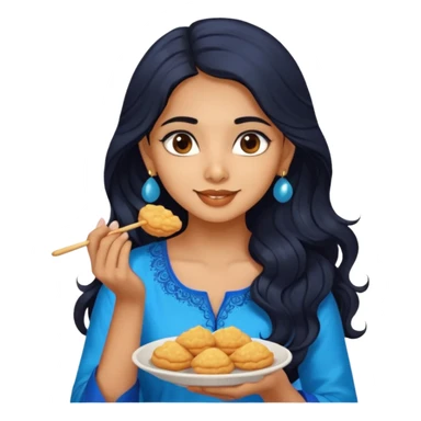 a pretty indian bratz girl with wavy long black hair. eyeliner on, wearing a blue kurti, eating golgappa sticker