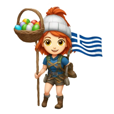 Greek Female winter mountaineer red hair white skin climbing with Greek Flag and Easter eggs basket sticker