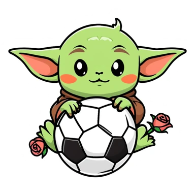 baby yoda kicking a soccer ball with small roses beside him sticker