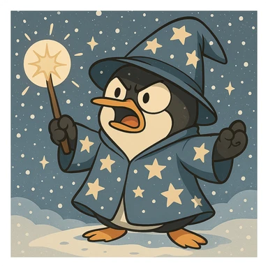 Add a snowy background behind the penguin wizard, keeping the cartoon style. sticker