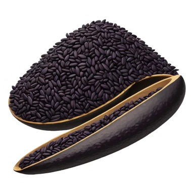 loose scatter of uncooked black rice grains, glossy elongated shape, deep purplish-black color, smooth slightly curved surface, subtle natural variations in tone, soft lighting, subtle shadows, emoji scale sticker