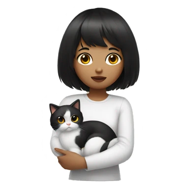 generate an apple emoji of a girl with black hair and bangs holding a white furry cat sticker