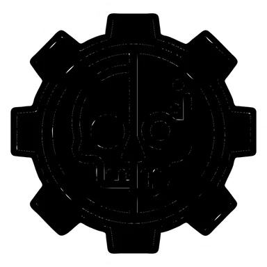 Add red and black color to the Warhammer 40k Adeptus Mechanicus symbol: half human, half robotic skull inside a gear, sharp lines, logo style, preserve transparent background. sticker