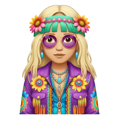 3D, psychedelic colored hippie wearing hip huggers and a fringed jacket with flower border sticker