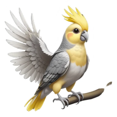 cinematic-[cockatiel]-realistic-full-body-perched-emoji,-wings-tucked-neatly,-head-tilted-dramatically,-sleek-[yellow and grey]-feathers,-simplified-yet-realistic-focused-features,-highly-detailed,-glowing-with-an-almost-sarcastic-glow sticker