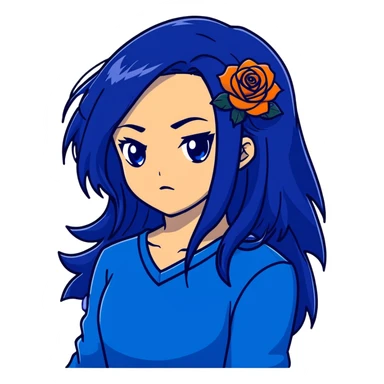 head portrait of anime girl with long dark blue hair, blue rose in hair, intense glaring blue eyes, dramatic JoJo's Bizarre Adventure style expression, sharp angular features, extreme close-up, dynamic pose sticker
