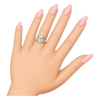 Edit the image to depict a woman's hand with 5 fingers, long light pink nails, and an engagement ring, in an emoji style with a transparent background. sticker