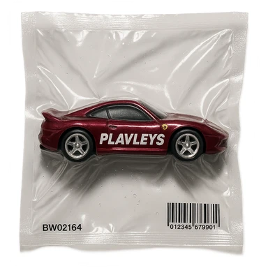 burgundy Hot Wheels toy car Ferrari with the word 'PLAVLEYS' written on the side, glossy and puffy, vacuum-sealed style sticker