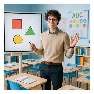 a young teacher, gender neutral, casual teaching pose, modern classroom vibe sticker