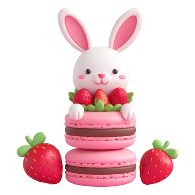 3D ios style macaron with strawberry and a bunny on top, purple color sticker