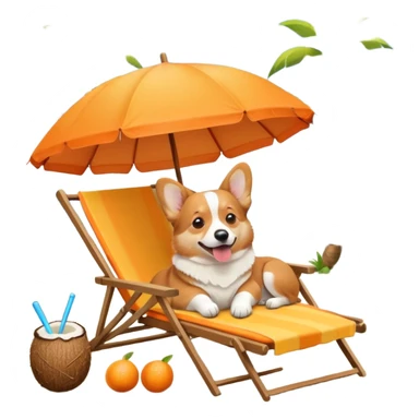 a corgi dog laied on a beach chair, a sunny beach, a sun umbrella, and beach coconut trees. the icon should capture the essence of a relaxing beach vacation with a carefree atmosphere sticker