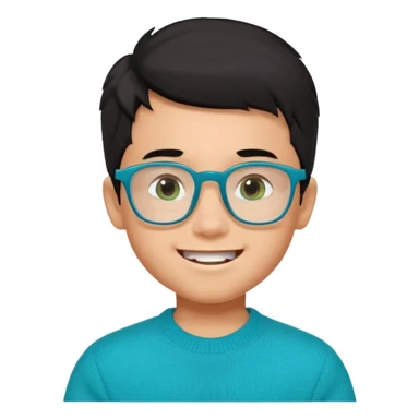 Chico de 7 años, pelo negro y repeinado pero con volumen hacia arriba, piel marrón clarito, gafas cuadradas azules, sonriente y sin 1 diente, jersey verde turquesa y ojos muy rasgados, Y NO redondeados sticker