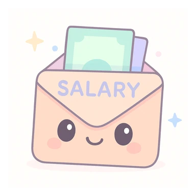 cute cartoon style salary envelope, bright colors, smiling face added sticker