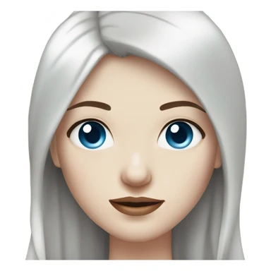 woman with pale skin, blue eyes and long dark red hair with layers and fringe bangs, wearing a white top and silver jewellery sticker