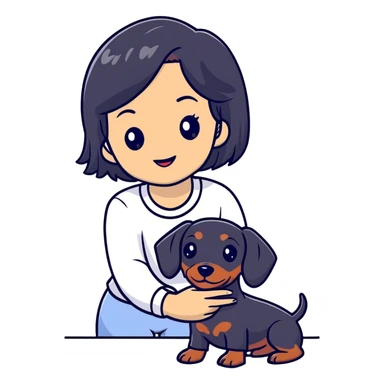 black hair asian girl taking selfie with black dachshund sticker