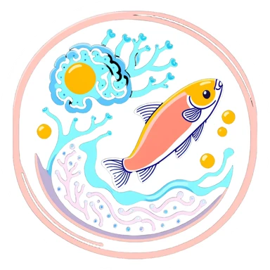 A glowing crystalline brain with mental fog dissipating around it. Ethereal pieces of salmon, golden egg yolk, and fermented soy float in a spiral, sending thin beams of light that activate bright points on the cerebral cortex, creating an expanded focus circuit. sticker