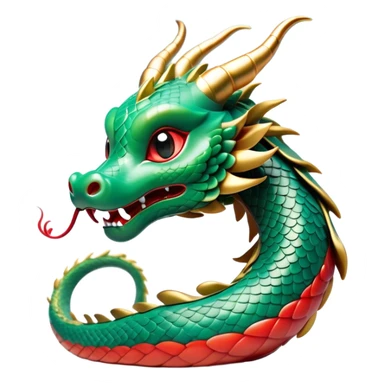Cinematic Cute Chinese Serpent Dragon Portrait Emoji, Head tilted playfully and inquisitively, showcasing a slender, flowing body with vibrant jade scales and soft vermilion accents intertwined with whimsical wisps of cloud and water details; rendered with realistic finesse and warm natural light, high shine, charming and spirited, styled with a touch of mythic whimsy, soft glowing outline, capturing the essence of a mischievous yet endearing celestial dragon poised to weave magic into your dreams! sticker