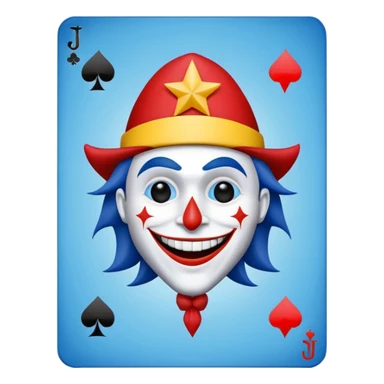 1 poker card, perfectly squared card, with crazy colorful human jolly joker inside, star symbol with a "J" sticker