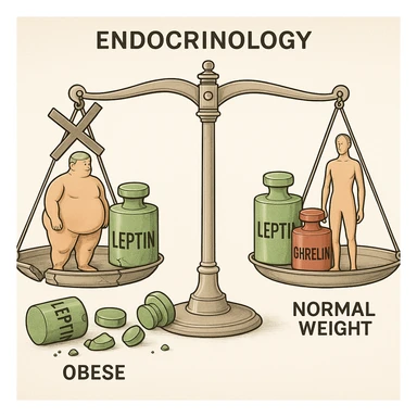 endocrinology diagram of a balance scale with leptin in green and ghrelin in red; obese side with excess leptin, scale blocked, broken leptin weights on the ground; normal weight side with perfect balance between leptin and ghrelin; medical style, detailed, 4K resolution sticker