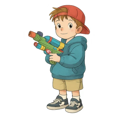 ghibli style little white kid in streetwear, holding a colorful toy gun, whimsical sticker