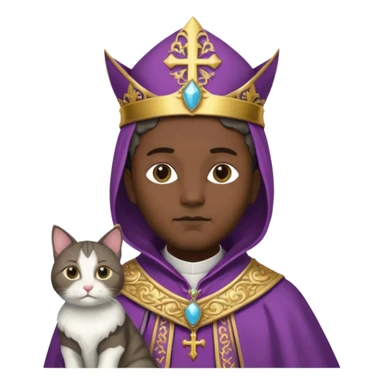 “Half-body humanoid figure with a realistic cat face, wearing ornate bishop robes and a mitre, dark gothic background, dramatic lighting, sticker
