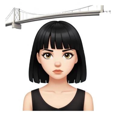 Menina branca com cabelo médio e preto, com uma franja um pouco acima da sobrancelha e um piercing bridge sticker