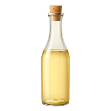 simple glass bottle with pale golden liquid inside, capped with a cork or screw cap, slender practical shape, soft label suggesting everyday use, clear light yellow hue visible through the glass, no glass, pour, or branding, closed bottle, soft lighting, subtle shadows, emoji scale sticker