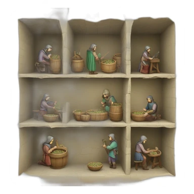 inside of a medieval mint showing different people working sticker