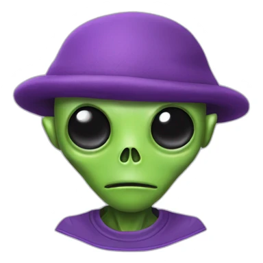 a small green alien with one eye. He wears a purple cap and a purple shirt with a skull on it. He has two small antennas protruding from his head. sticker