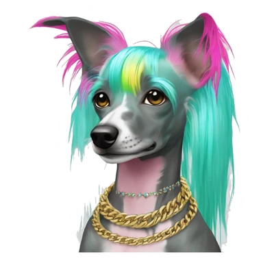 Punk Chinese crested dog neon rainbow cyan green pink hair gold chain punk piercings tattoos punk ear piercings sticker