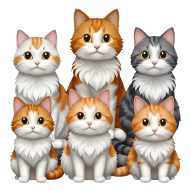 6 cats with different coloured coats, 2 are grey and white, 1 is grey with a little white, 1 calico, 1 brown tabby and white and one ginger and white sticker