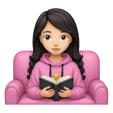 Una chica linda de cabello negro con ondas hasta los hombros de piel blanca con una sudadera rosa en un sofá cómodo y hermoso leyendo la biblia sticker
