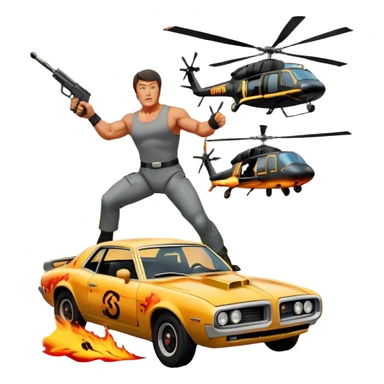Icon for Action Movie: A vintage movie poster-style design featuring intense action scenes with explosions, weapons, and dramatic poses of Stallone. Include cars and helicopters flying out of flames in the background. Bold typography and retro cinematic style. Transparent background. sticker