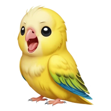 Cinematic Cute Yawning Yellow Budgie Portrait Emoji, Head tilted slightly with a dramatic, wide-open yawn, showcasing a soft, downy yellow feathered fur with gently drooping wings, round dark eyes barely open in drowsy contentment, Simplified yet irresistibly adorable features, highly detailed, glowing with a soft, cozy glow, high shine, relaxed yet expressive, stylized with a touch of whimsy, bright and endearing, soft glowing outline, capturing the essence of a sleepy yet affectionate budgie, so drowsy it feels like it could stretch out of the screen and curl up for a nap! sticker
