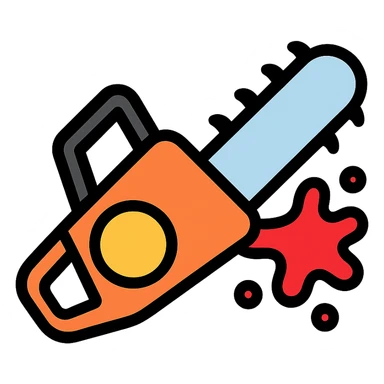 color outline icon of a chainsaw with blood splatter sticker