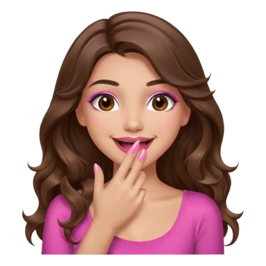 girl with long wavy brown hair, brown eyes, long lashes makeup, pink lips, light to medium complexion, pink sexy top, smiling, hand covering the mouth, giggling sticker